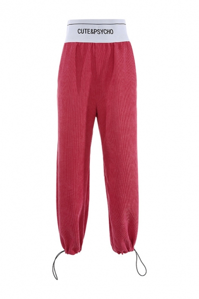 Stylish Corduroy Letter Cute & Psycho Print Tape Panel Cuffed Ankle Baggy Athleta Pants for Girls