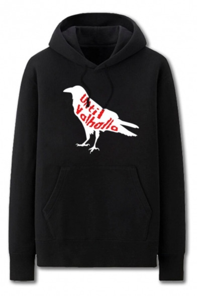 Stylish Mens Bird Letter Until Valhallo Printed Pocket Drawstring Long Sleeve Regular Fit Graphic Hooded Sweatshirt