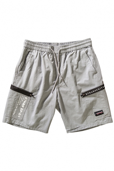Stylish Shorts Letter Ethan Print Zipper Drawstring Waist Pocket Regular Fit over the Knee Length Sweat Shorts for Men