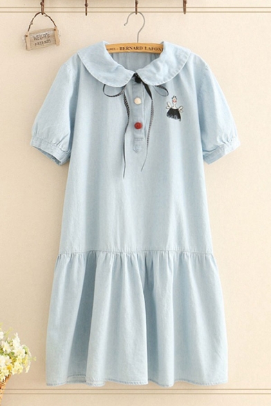 Trendy Girls Embroidered Short Sleeve Peter Pan Collar Colorful Button up Ruffled Hem Long Swing Dress in Light Blue