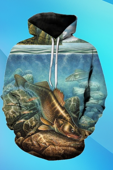 Trendy Men's Fish Stone 3D Pattern Drawstring Pocket Full Sleeve Loose Fit Hooded Sweatshirt