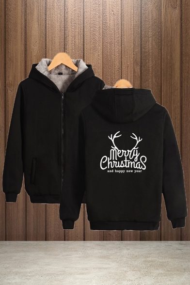 Trendy Sherpa Liner Letter Merry Christmas Graphic Long Sleeve Zipper Front Relaxed Hoodie for Guys