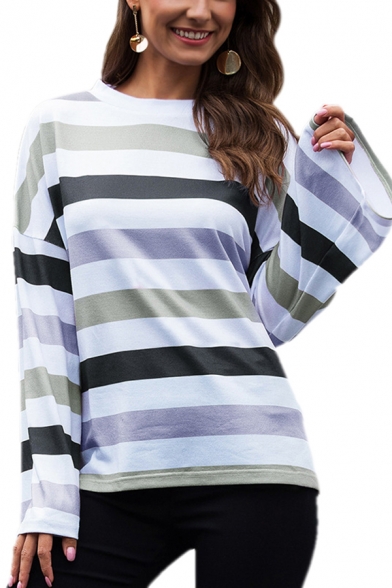 Trendy Stripe Printed Long Sleeve Round Neck Relaxed Fit Tee Top for Women
