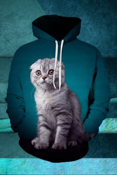 Unique Mens Cat 3D Pattern Pocket Drawstring Full Sleeves Relaxed Fitted Hoodie