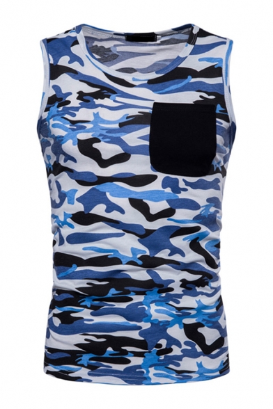 Unique Tank Top Camo Printed Pocket Round Neck Sleeveless Regular Fitted Tank Top for Men