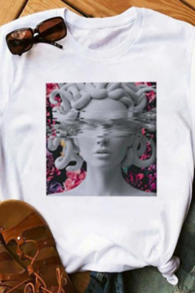 Unique Womens Spoof Statue Pattern Short Sleeve Crew Neck Relaxed T Shirt in White