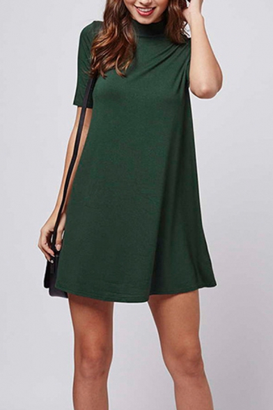 Womens Popular Solid Color Short Sleeve Mock Neck Short Swing T Shirt Dress