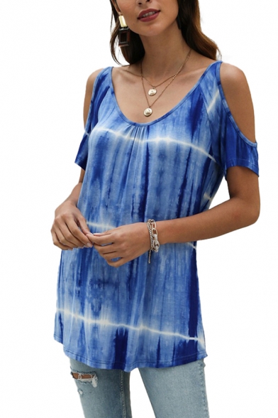Womens Tie-dye Stripe Print Short Sleeve Cold Shoulder Relaxed Fit Novelty Tee in Blue