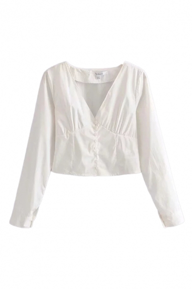 Womens Trendy Long Sleeve Deep V-neck Button up Slim Fit White Shirt Top