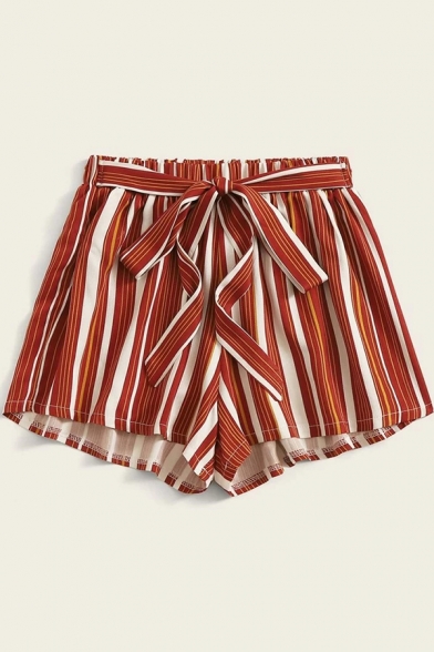 Womens Trendy Stripe Print Bow Tied Waist Relaxed Shorts in Red