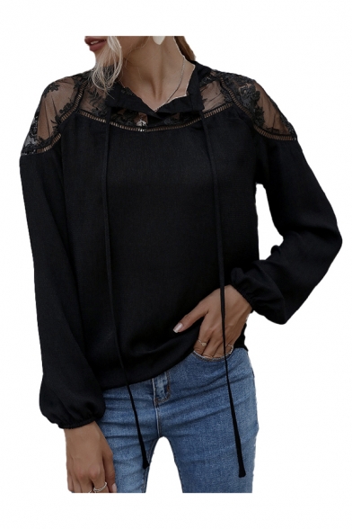 Black Popular Floral Embroidery Sheer Mesh Patchwork Tie Neck Bishop Long Sleeve Relaxed Fit T-Shirt for Women
