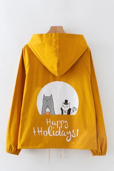 Cartoon Cats Printed Back Long Sleeve Buttons Down Hooded Coat