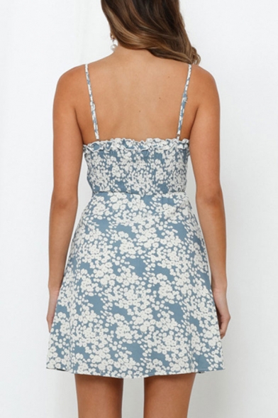Chic Ditsy Floral Pattern Tied Front Spaghetti Straps Mini A-line Slip Dress in Blue