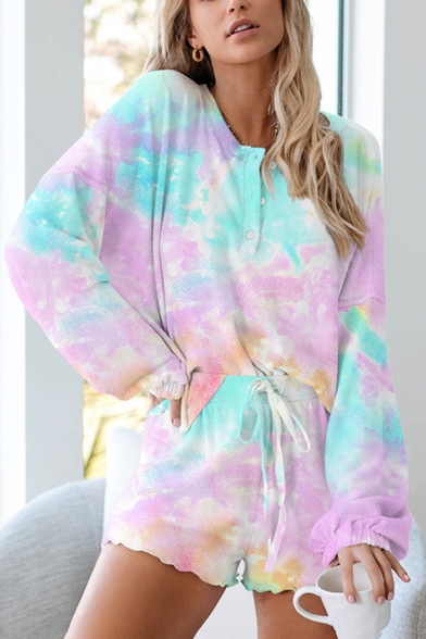 Chic Tie Dye Bishop Long Sleeve Round Neck Button Front Loose Fit Henley T-Shirt & Drawstring Waist Stringy Selvedge Shorts Pajama Set