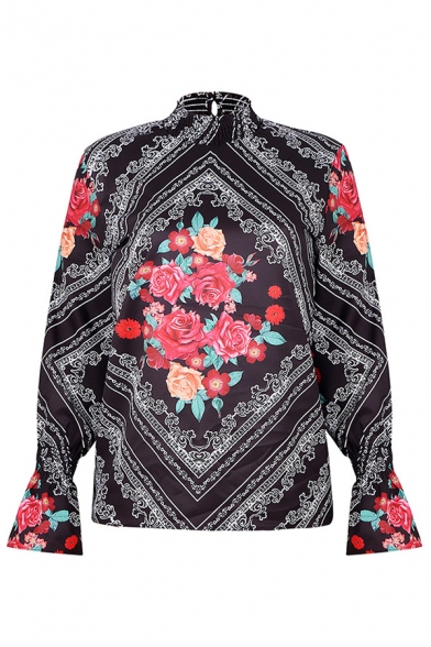 Chic Womens Flower Tribal Print Keyhole Back Stand Collar Long Sleeve Loose Fit Blouse Top