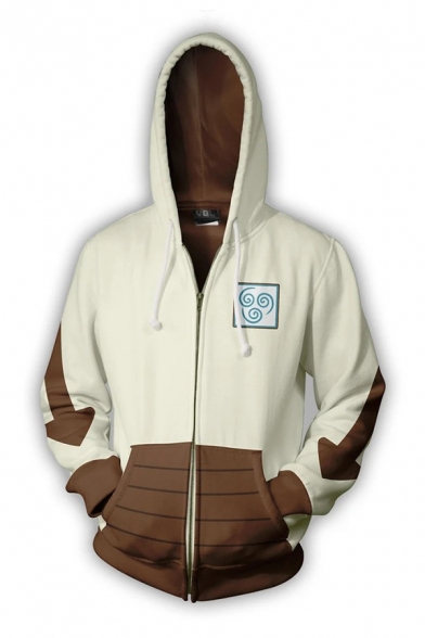 Creative Contrasted Arrow Printed Long Sleeve Drawstring Zipper Front Relaxed Fit Hoodie in Beige