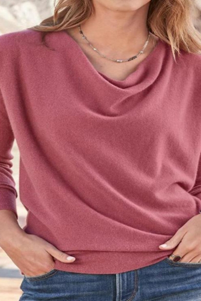 Elegant Womens Plain Cowl Neck Long Sleeve Relaxed Pullover Knit Top