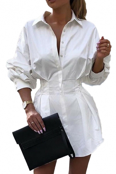 Elegant Womens Plain Pleated Waisted Single Breasted Turn Down Collar Long Puff Sleeve Fitted Tunic Shirt