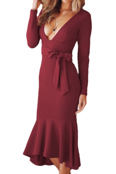 Elegant Womens Solid Color Long Sleeve Plunging Neck Bow Tie Ruffled Mid Fishtail Cocktail Dress