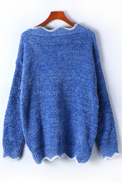 Fancy Knit Contrast Piped Scalloped Long Sleeve V-neck Loose Pullover Sweater for Ladies