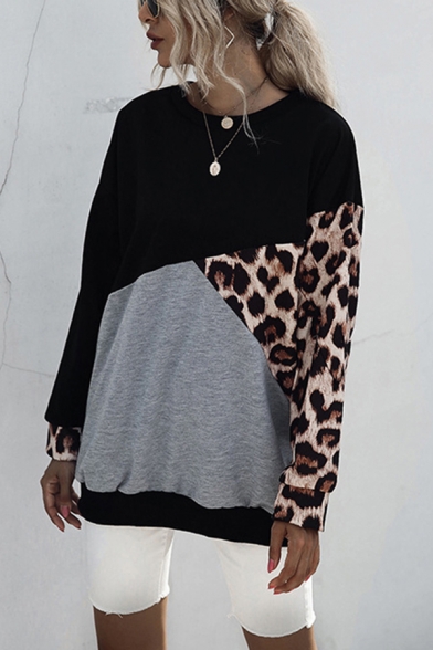 Fashion Leopard Printed Colorblock Long Sleeve Crew Neck Loose Fit Pullover Sweatshirt in Black