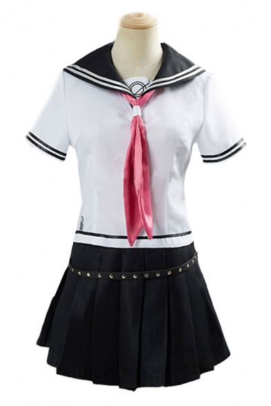 Fashionable Girls Striped Short Sleeve Sailor Collar Tie Regular Fit Tee & Strap Decoration Mini Pleated Skirt Set in White