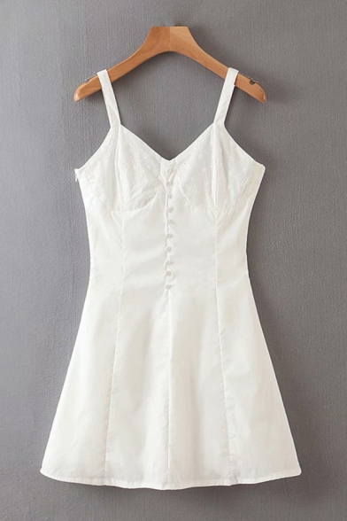 Lovely Girls Sweetheart Neck Button Up Short A-line Tank Dress in White