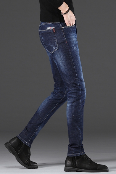 Men's Basic Fashion Plain Denim Washed Casual Slim Ripped Jeans