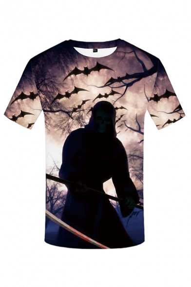 Mens 3D T-Shirt Creative Monster Bat Tree Printed Crew Neck Short Sleeve Slim Fitted T-Shirt