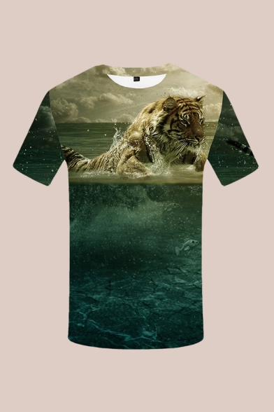 Mens 3D T-Shirt Trendy Tiger Cloud Water Fish Printed Crew Neck Short Sleeve Slim Fitted T-Shirt
