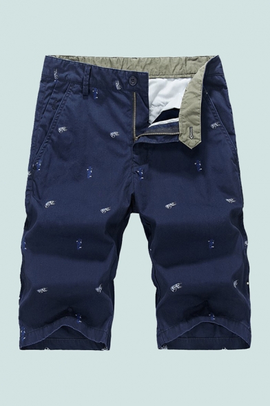 Mens Chinos Shorts Chic Figure Plane Printed Knee-Length Regular Fitted Zipper Fly Chinos Shorts