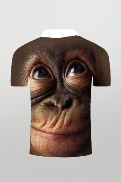 Mens Fashion 3D Polo Shirt Animal Orangutan Pattern Contrast Trim Button Regular Fitted Spread Collar Short-sleeved Polo Shirt