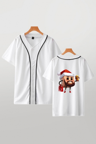 Popular Shirt Cartoon Character Dog Candy Pattern Piping Button up Short Sleeve V-Neck Fitted Shirt for Men