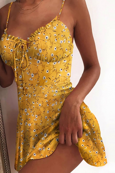 Popular Womens Ditsy Floral Printed Tie Front Stringy Selvedge Backless Gathered Waist Spaghetti Straps Sleeveless Mini A-Line Slip Dress