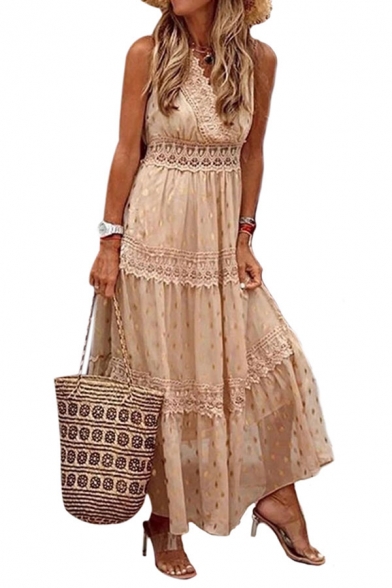 Popular Womens Polka Dot Printed Sleeveless Surplice Neck Ruffled Lace-trimmed Maxi Pleated A-line Dress in Apricot