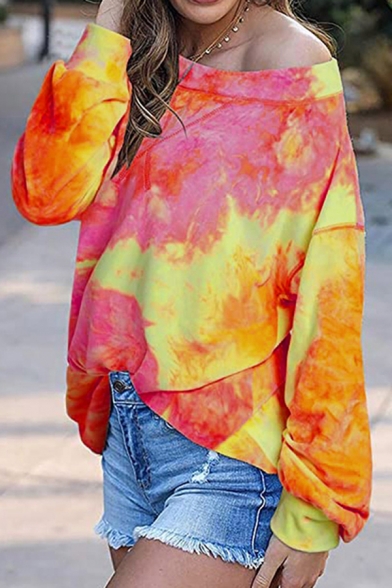 Popular Womens Tie Dye Printed Long Sleeve Drop Shoulder Loose Fit Pullover Sweatshirt