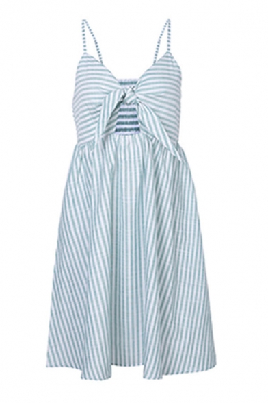 Pretty Girls Stripe Printed Sweetheart Neck Tied Front Short Pleated Flared Slip Dress