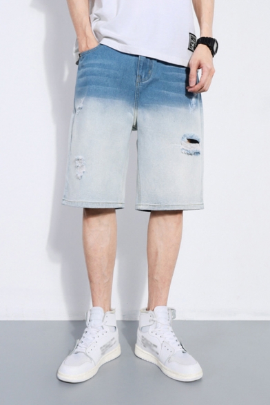 Stylish Mens Jean Shorts Ombre Ripped Pocket Zipper Fly Mid Rise Fitted Jean Shorts
