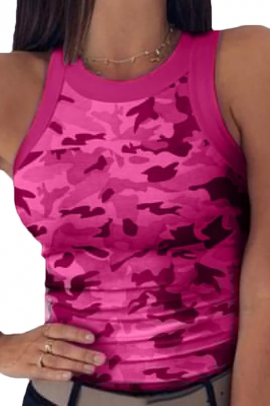 Stylish Womens Camo Printed Racerback Round Neck Sleeveless Slim Fitted Tank Top