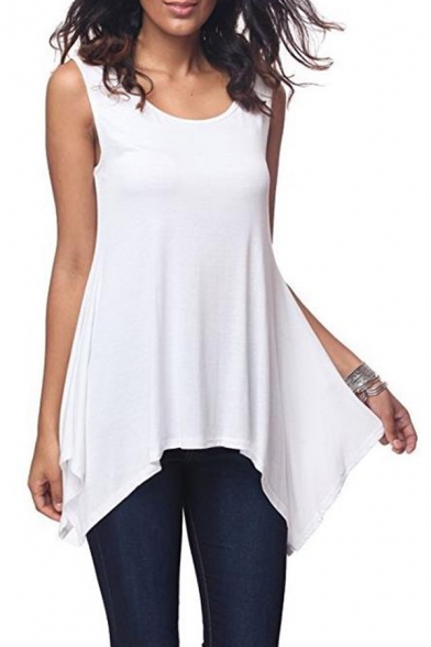 Summer New Trendy Women's Basic Solid Color Round Neck Sleeveless Casual Loose Asymmetrical Tank Top