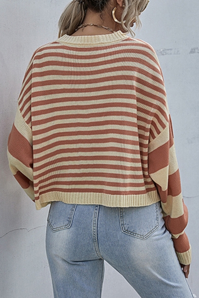 Unique Womens Striped Print Color Block Crew Neck Long Sleeve Relaxed Knitted Pullover Sweater in Orange