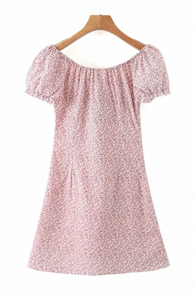 Womens Fashionable Ditsy Floral Printed Cap Sleeve Round Neck Ruffled Tied Mini A-line Dress in Pink