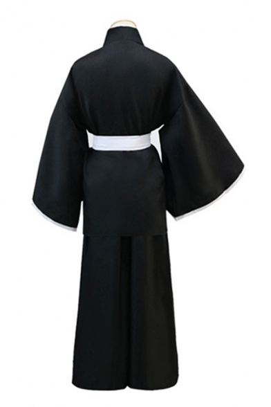 Anime Cosplay Long Sleeve Surplice Neck Bow Tied Waist Maxi Loose Fit Kimono in Black