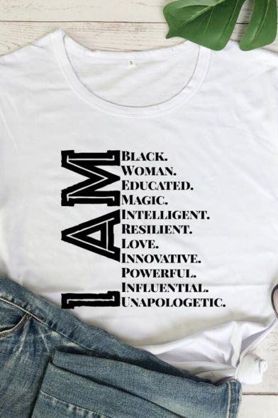 Basic Letter I Am Printed Roll Up Sleeve Crew Neck Fit T Shirt for Girls