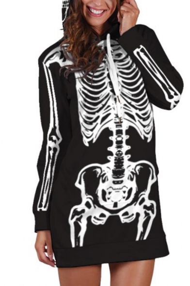 Black Cool Street Long Sleeve Zipper Up Skull Skeleton Print Longline Loose Fit Hoodie