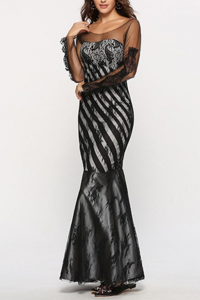 Boutique Ladies Striped Printed Sheer Mesh Long Sleeve Round Neck Long Fishtail Evening Dress in Black