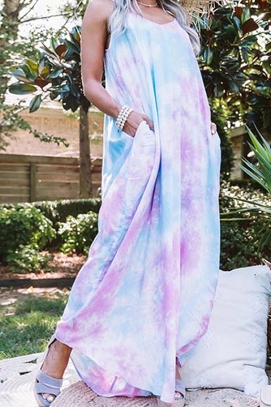 Casual Womens Tie Dye Backless V Neck Spaghetti Straps Sleeveless Oversized Maxi Slip Dress in Purple