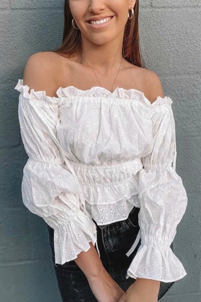 Chic Womens Bell Sleeve Off the Shoulder Ruffled Ruched Regular Fit Blouse Top in White