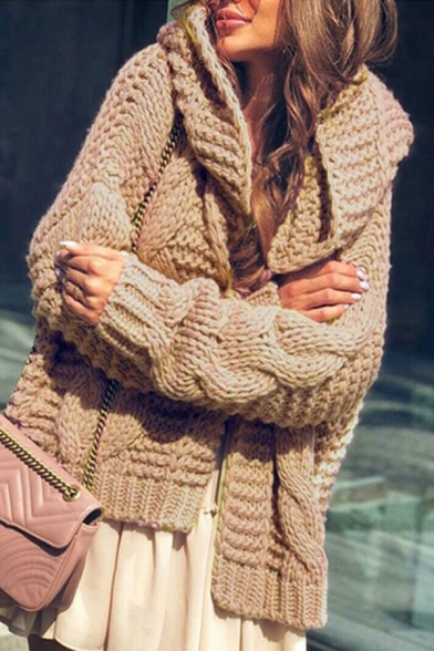Chic Womens Solid Color Open Front Long Sleeve Cable Knit Loose Cardigan Coat Hooded Sweater