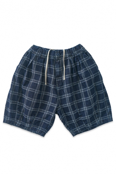 Dressy Shorts Plaid Pattern Applique Pleated Pocket Drawstring Mid Rise Relaxed Fitted Shorts for Men